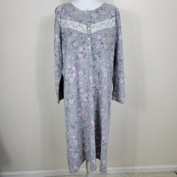 Laura Ashley Nightgown Women XL Gray Floral Lace Trim Cottagecore Sleepwear Cozy - Picture 1 of 8